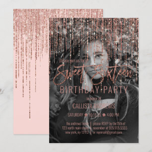 Pink Rose Gold Glitter Fringe Foto Sweet 16 Kaart