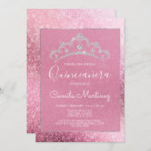 Pink Rose Gold Glitter Quinceanera met Tiara Kaart (Voorkant / Achterkant)