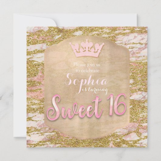 Pink Rose Gold Princess SWEET 16 Uitnodiging (Voorkant)