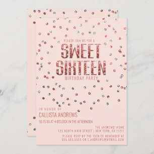 Pink Rose Gold Silver Glitter Confetti Sweet 16 Kaart
