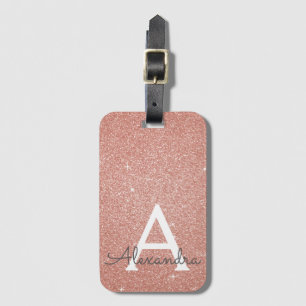 Pink Rose Gold Sparkle Glitter Monogram Name Bagagelabel