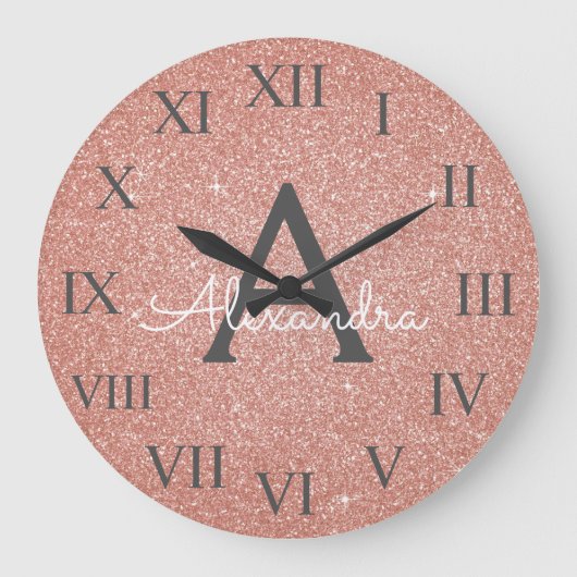 Pink Rose Gold Sparkle Glitter Monogram Name Grote Klok (Voorkant)