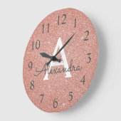 Pink Rose Gold Sparkle Glitter Monogram Name Grote Klok (Hoek)