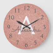 Pink Rose Gold Sparkle Glitter Monogram Name Grote Klok (Voorkant)