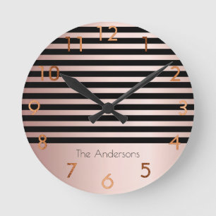 Pink rose gold strips black monogram ronde klok