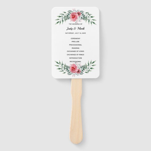Pink Rose Greenery Foliage Wedding Programme Handwaaier (Voorkant)