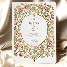 Pink Rose & Heart Vine Wedding Kaart