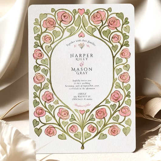Pink Rose & Heart Vine Wedding Kaart