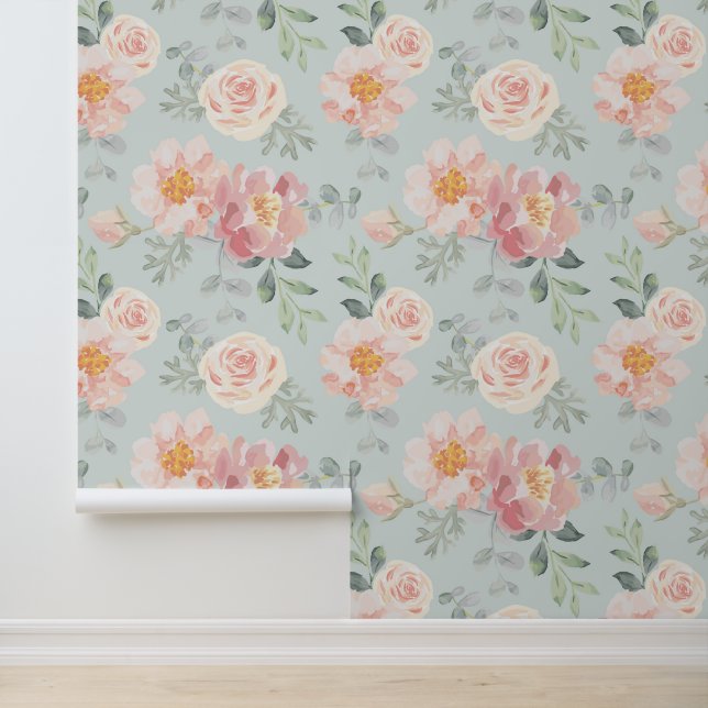 Pink Rose Pastel Garden Pattern Behang (Applicatie)