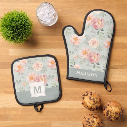 Pink Rose Pastel Garden Pattern Ovenwant & Pannenlap Set (Top down)