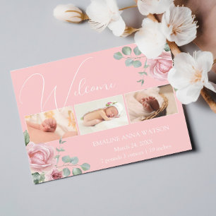 Pink Rose Photo Baby Girl Aankondiging Briefkaart