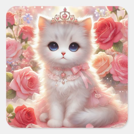 Pink Rose Princess Cat Vierkante Sticker (Voorkant)