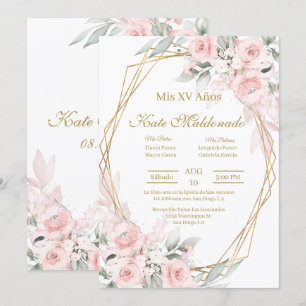 Pink rose Quinceanera invitation