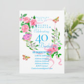 Pink Rose Ribbon 40th Birthday Invitation (Debout devant)