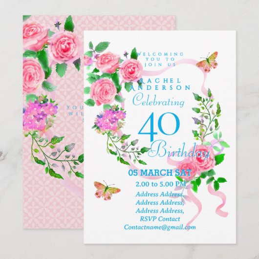 Pink Rose Ribbon 40th Birthday Invitation (Devant / Derrière)