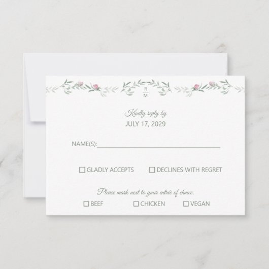 Pink Rose Vine and Monogram RSVP Response Card (Devant)