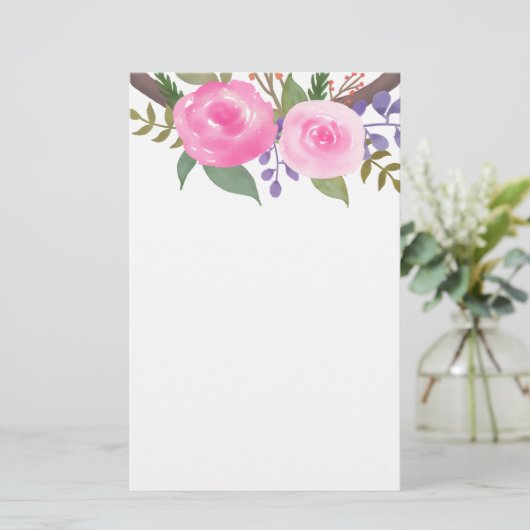 Pink Rose Waterverf Floral Shabby Chic Briefpapier (Staand voorkant)