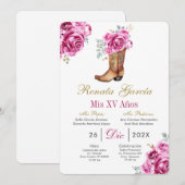 Pink rose with boot Quinceañera Invitation Kaart (Voorkant / Achterkant)