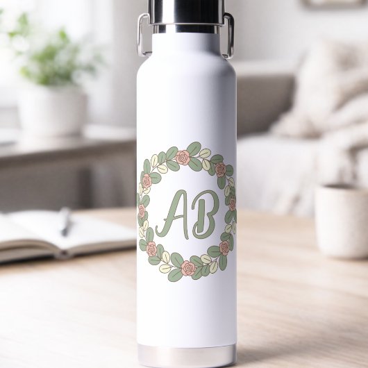Pink Rose Wreath Monogram Water Bottle Waterfles
