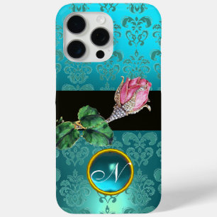 PINK ROSEBUD JEWEL, BLAUW BLAUWGROEN DAMASK GEM MO iPhone 15 PRO MAX HOESJE