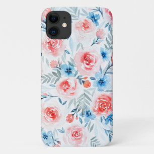 Pink Roses Blue Flowers Waterverf Floral Pattern iPhone 11 Hoesje