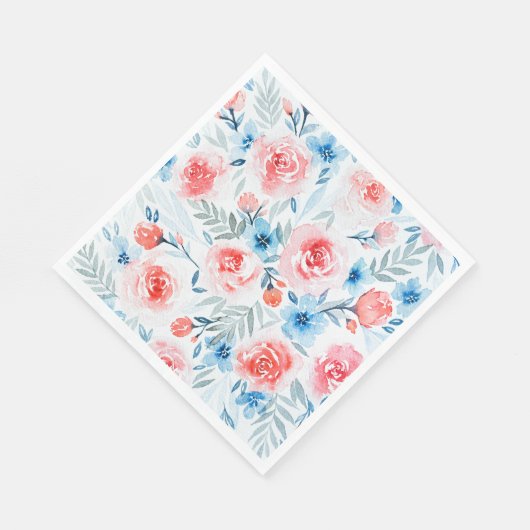 Pink Roses Blue Flowers Waterverf Floral Pattern Servet (Hoek)