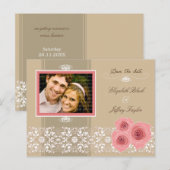Pink Roses Damask Lace Save the Date Briefkaart (Voorkant / Achterkant)