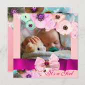 PINK ROSES EN BOW BABY SHOWER FOTO TEMPLATE KAART (Voorkant / Achterkant)