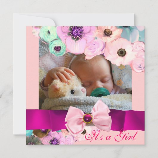 PINK ROSES EN BOW BABY SHOWER FOTO TEMPLATE KAART (Voorkant)
