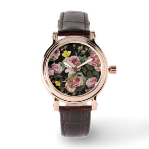 PINK ROSES EN GEEL BUTTERFLIES HORLOGE