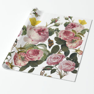 PINK ROSES EN GEEL BUTTERFLIES White Floral Cadeaupapier