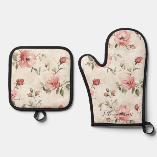 Pink Roses Floral  Ovenwant & Pannenlap Set (Voorkant)