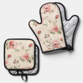 Pink Roses Floral  Ovenwant & Pannenlap Set (Voorkant / Achterkant)