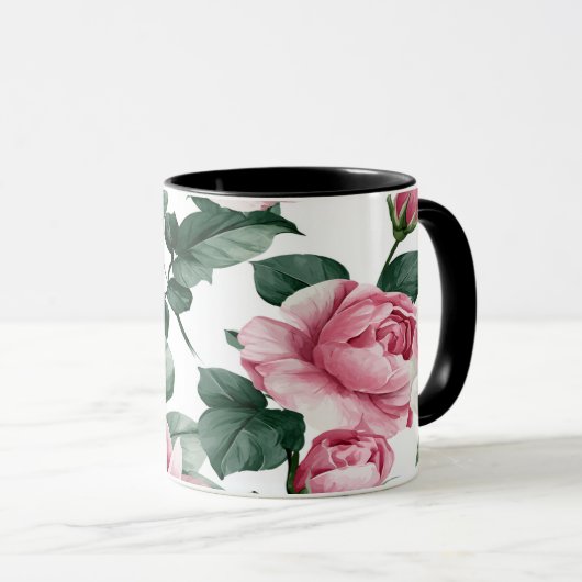 Pink Roses Floral Pattern Coffee Mug (Devant droit)
