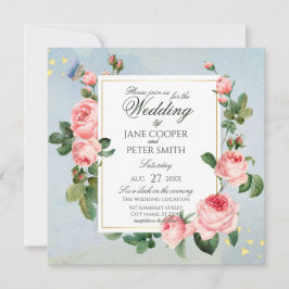 Pink Roses floral Wedding Invitation Kaart