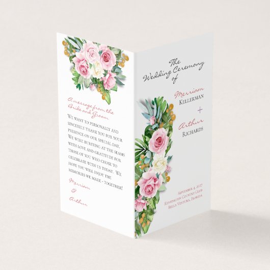 Pink Roses Folded Wedding Program Kaart (Buitenkant)