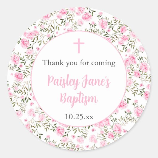 Pink Roses Girl baptism thank you sticker (Devant)