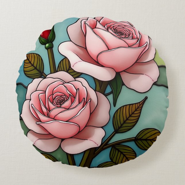 Pink Roses Glas in lood Rond Kussen (Voorkant)