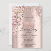 Pink Roses Glitter Drips Roos Gold 100thBirthday Kaart (Voorkant)