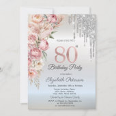 Pink Roses Glitter Drips Silver 80th Birthday   Kaart (Voorkant)