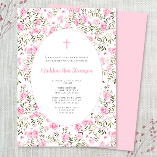 Pink Roses Grandmillenial girl baptism invitation