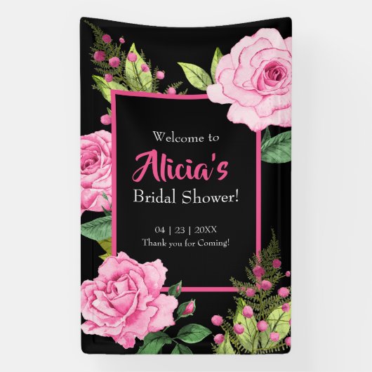 Pink Roses on Black Bridal Shower Vertical Spandoek (Verticaal)