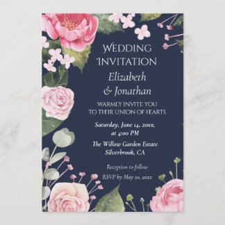 Pink Roses on Blue Customizable Wedding Invitation Kaart