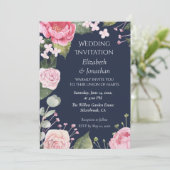 Pink Roses on Blue Customizable Wedding Invitation Kaart (Staand voorkant)