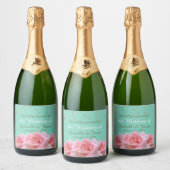 Pink Roses on Glitzy Aqua Sparkling Wine Label Sparkling Wijnetiket (Flessen)