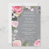 Pink Roses on Grey Customizable Wedding Invitation (Devant)