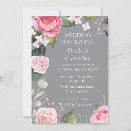 Pink Roses on Grey Customizable Wedding Invitation (Devant)