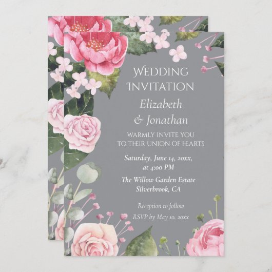 Pink Roses on Grey Customizable Wedding Invitation (Devant / Derrière)