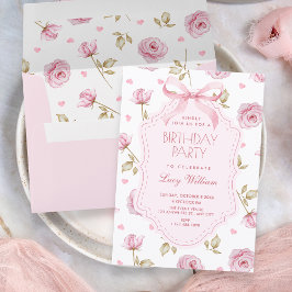 Pink roses pattern bow birthday kaart