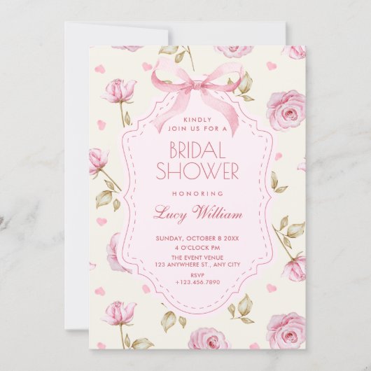 Pink roses pattern bow bridal shower kaart (Voorkant)
